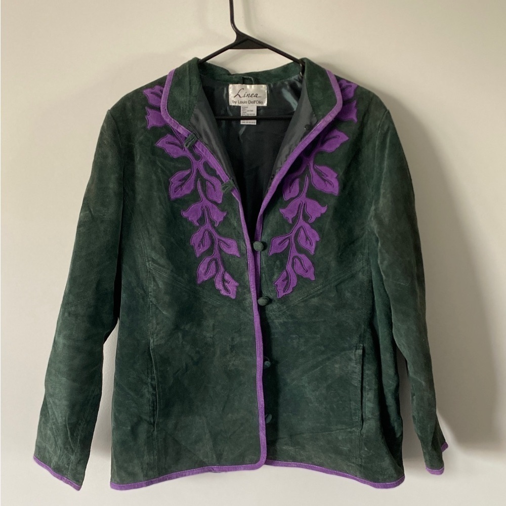 Vintage Linea By Louis Dell’Olio Green Floral Button Suede Leather Jacket Medium